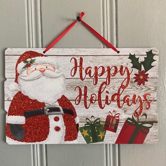 NWT Gleaming Red Glittered Santa Happy Holidays Planked Wood Decoration Sign - Picture 12 of 17